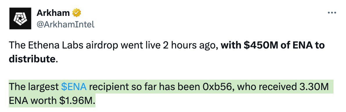 Lifechange: One of the recipients of the Ethena airdrop earned $1.96 million 💵